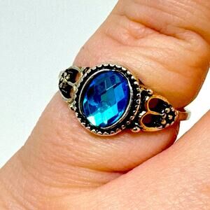 Silver Tone Boho Faux Blue Topaz Filigree Ring NEW